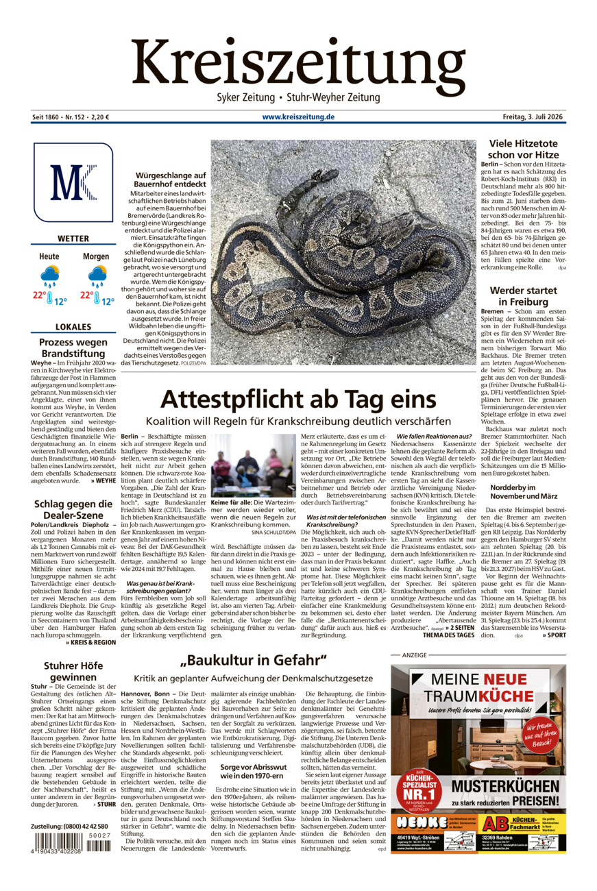 Kreiszeitung Syke/Weyhe/Stuhr vom Freitag, 03.07.2026