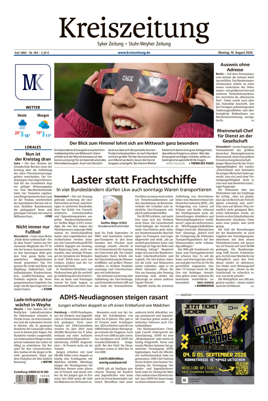 Kreiszeitung Syke/Weyhe/Stuhr vom Montag, 10.08.2026