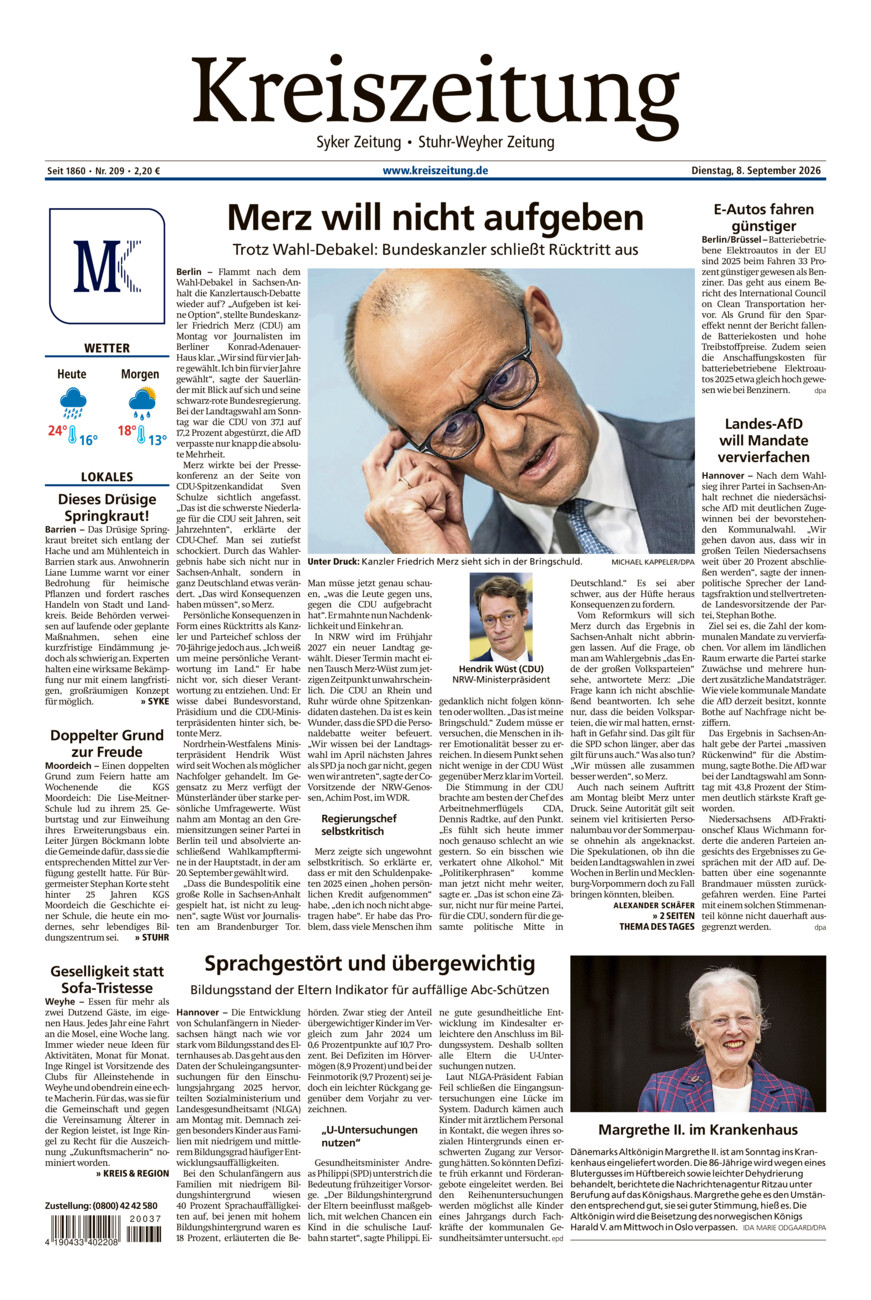 Kreiszeitung Syke/Weyhe/Stuhr vom Dienstag, 08.09.2026