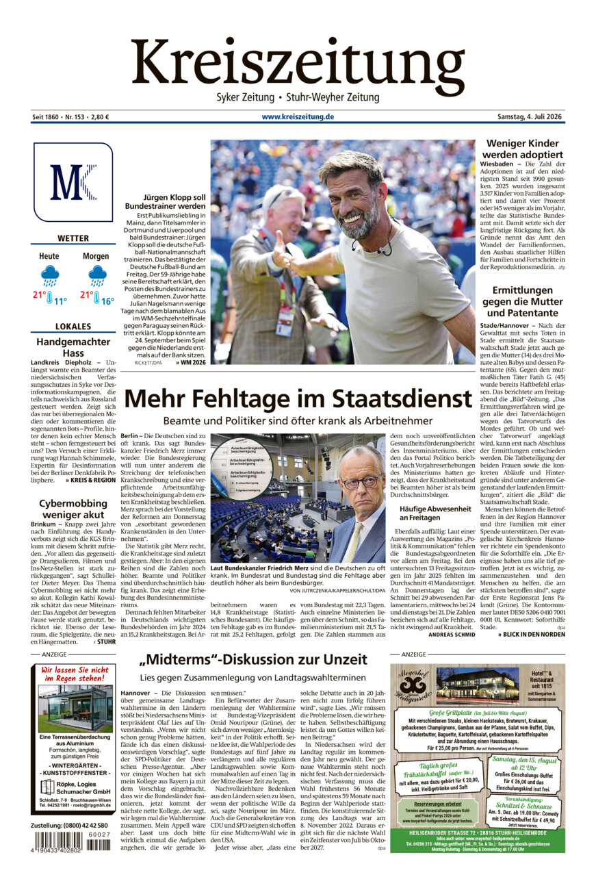 Kreiszeitung Syke/Weyhe/Stuhr vom Samstag, 04.07.2026
