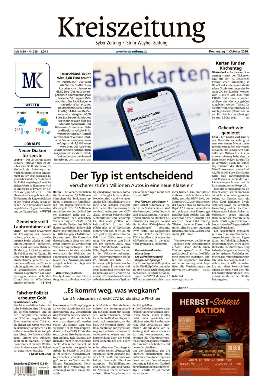 Kreiszeitung Syke/Weyhe/Stuhr vom Donnerstag, 01.10.2026