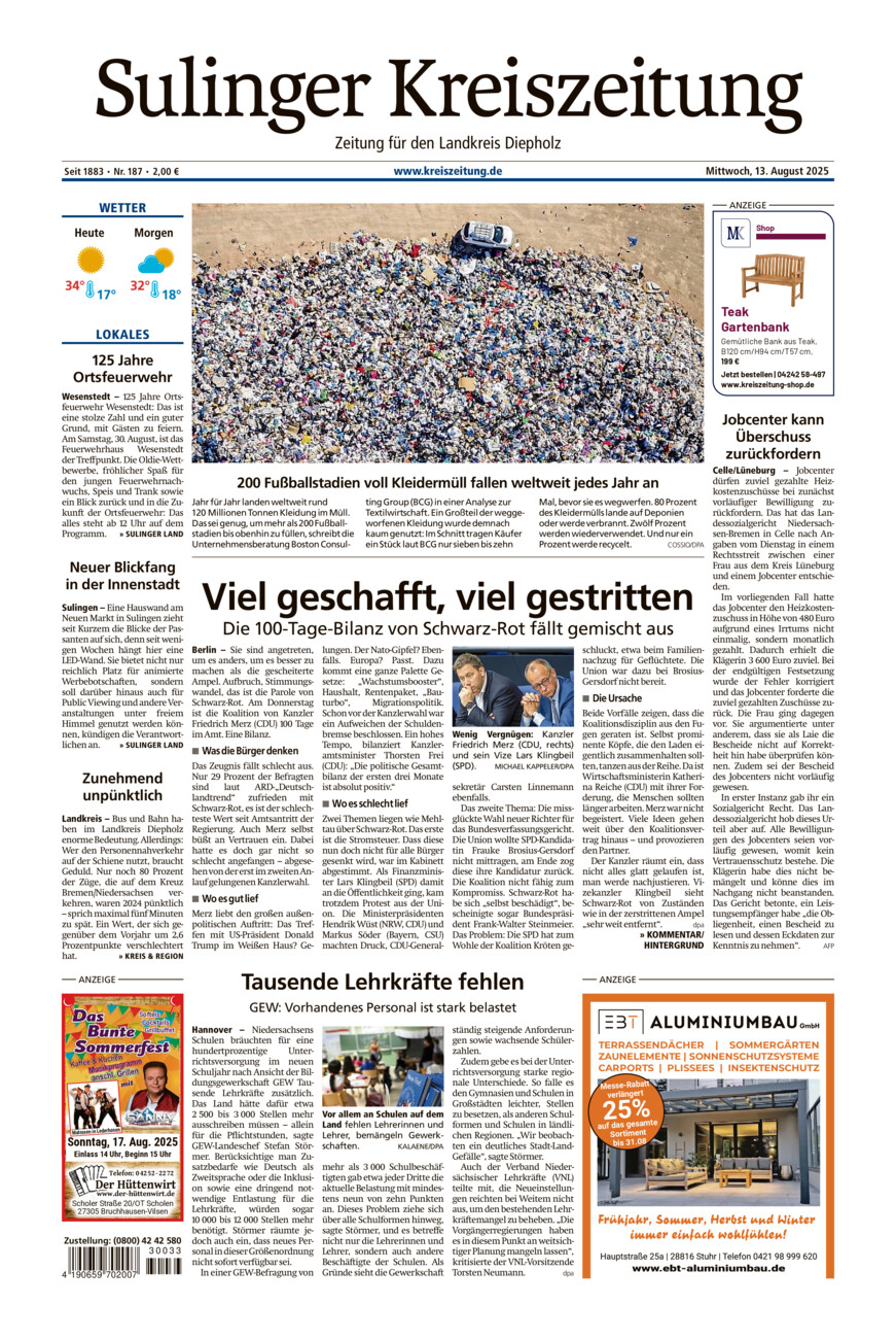 Sulinger Kreiszeitung vom Mittwoch, 13.08.2025