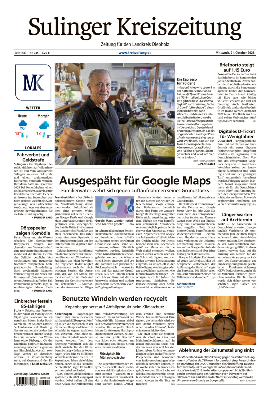 Sulinger Kreiszeitung vom Mittwoch, 21.10.2026