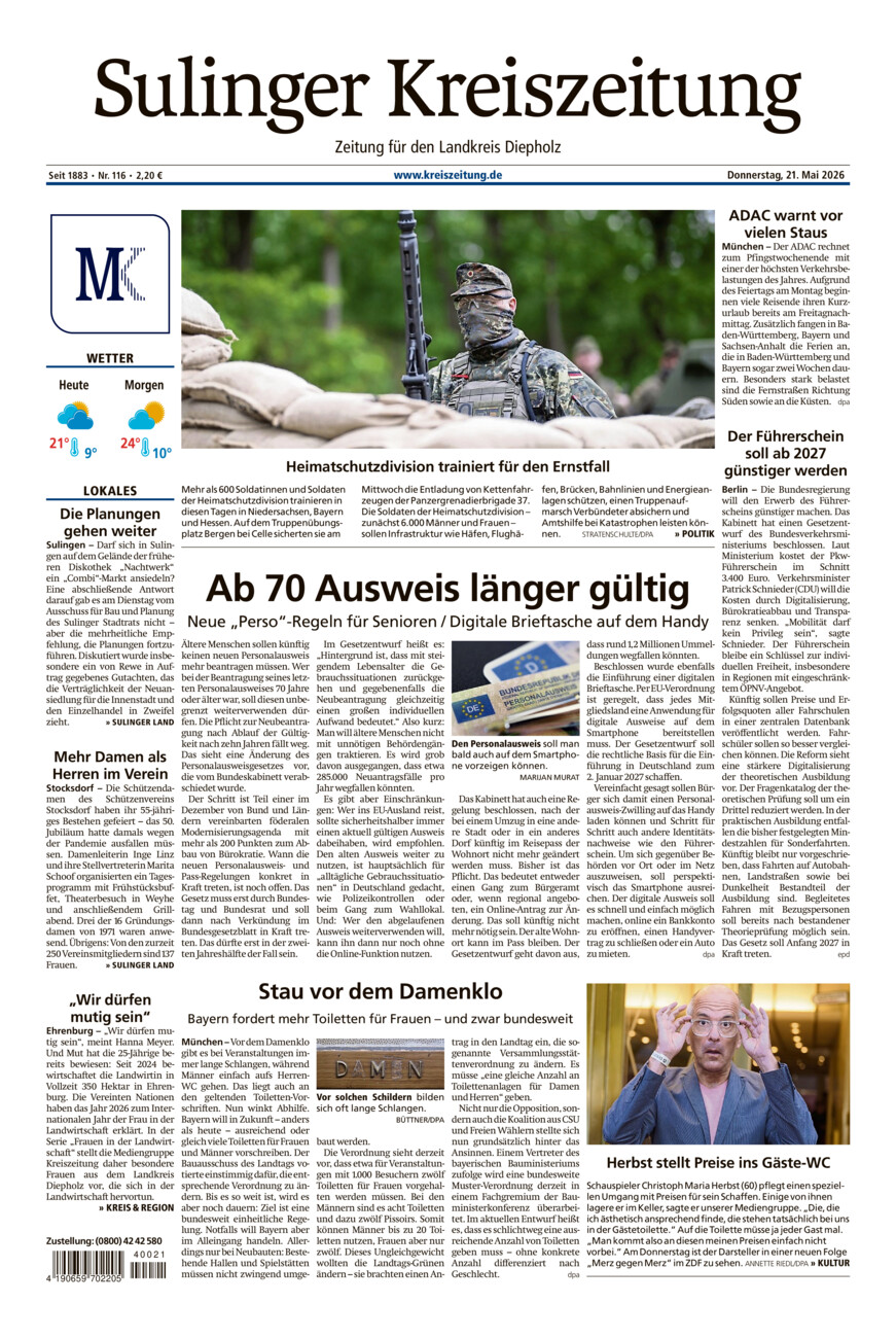 Sulinger Kreiszeitung vom Donnerstag, 21.05.2026