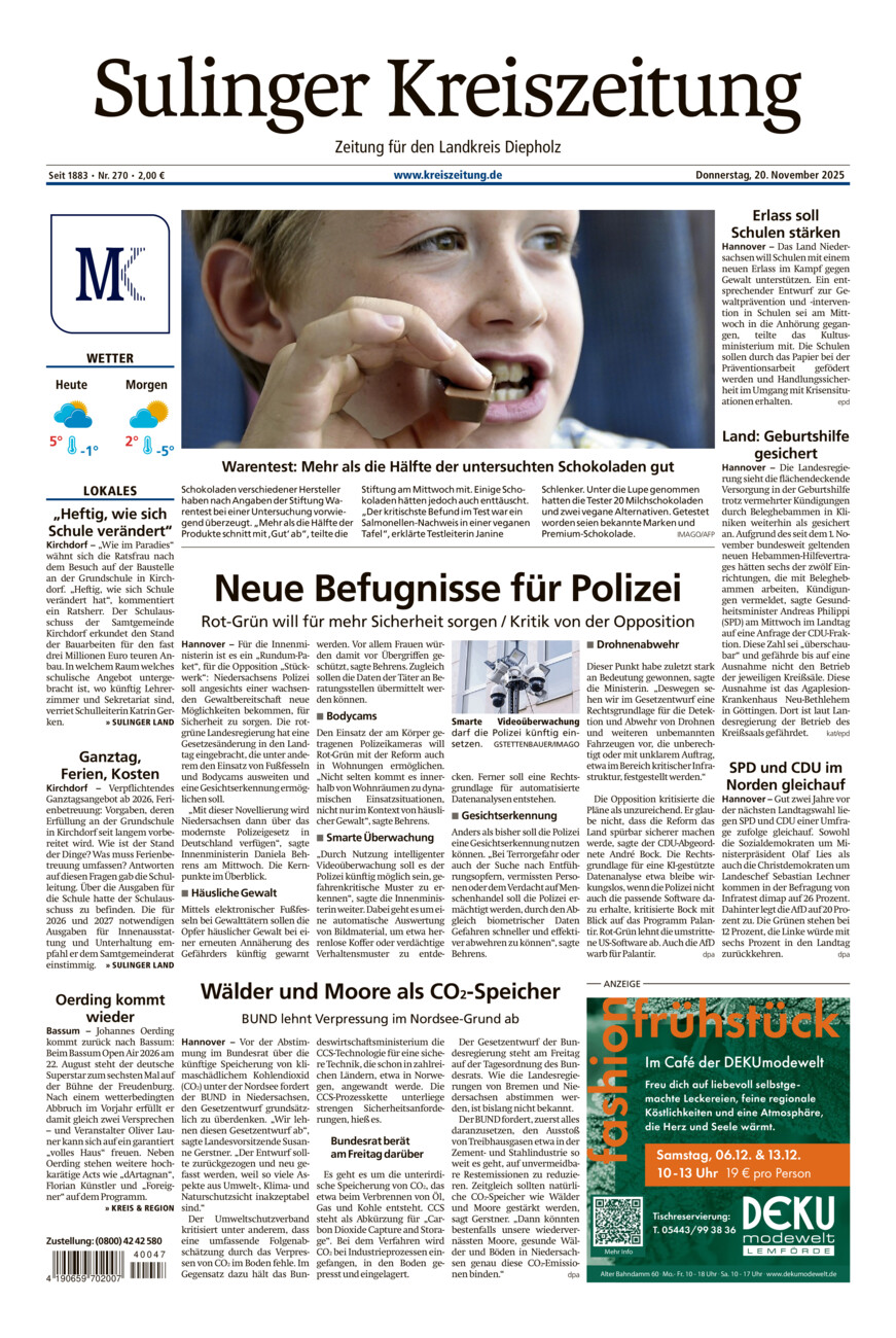 Sulinger Kreiszeitung vom Donnerstag, 20.11.2025