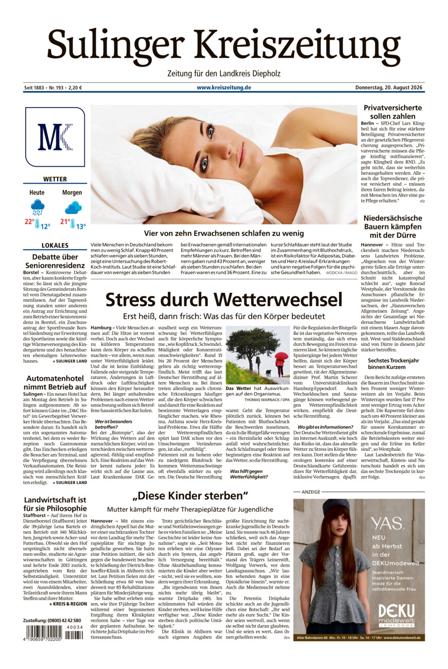 Sulinger Kreiszeitung vom Donnerstag, 20.08.2026