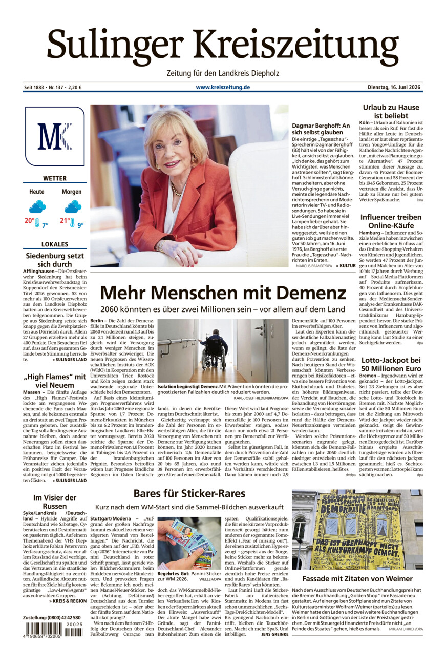 Sulinger Kreiszeitung vom Dienstag, 16.06.2026