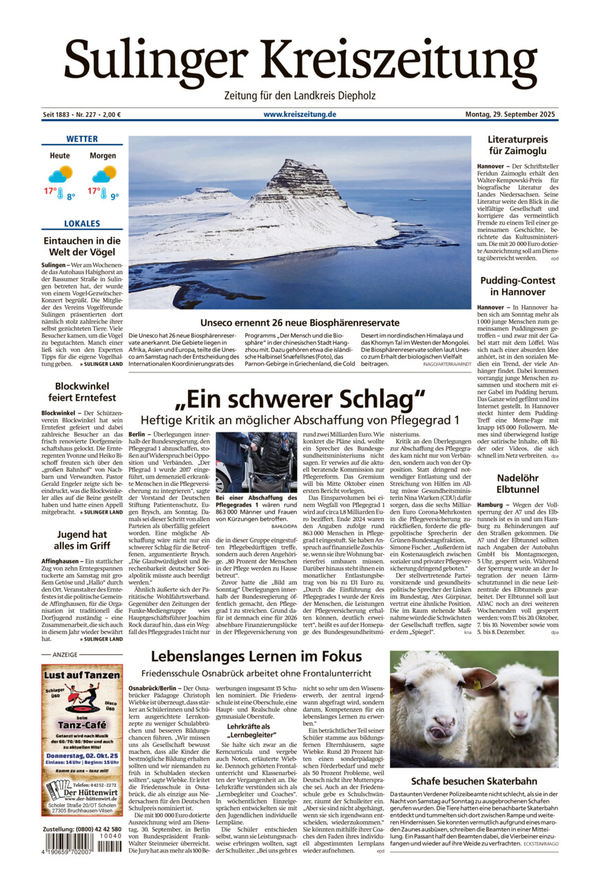 Sulinger Kreiszeitung vom Montag, 29.09.2025