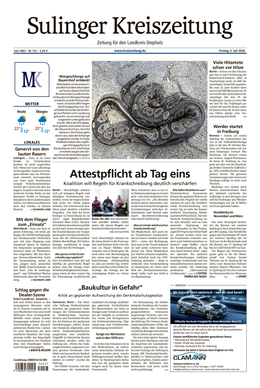 Sulinger Kreiszeitung vom Freitag, 03.07.2026