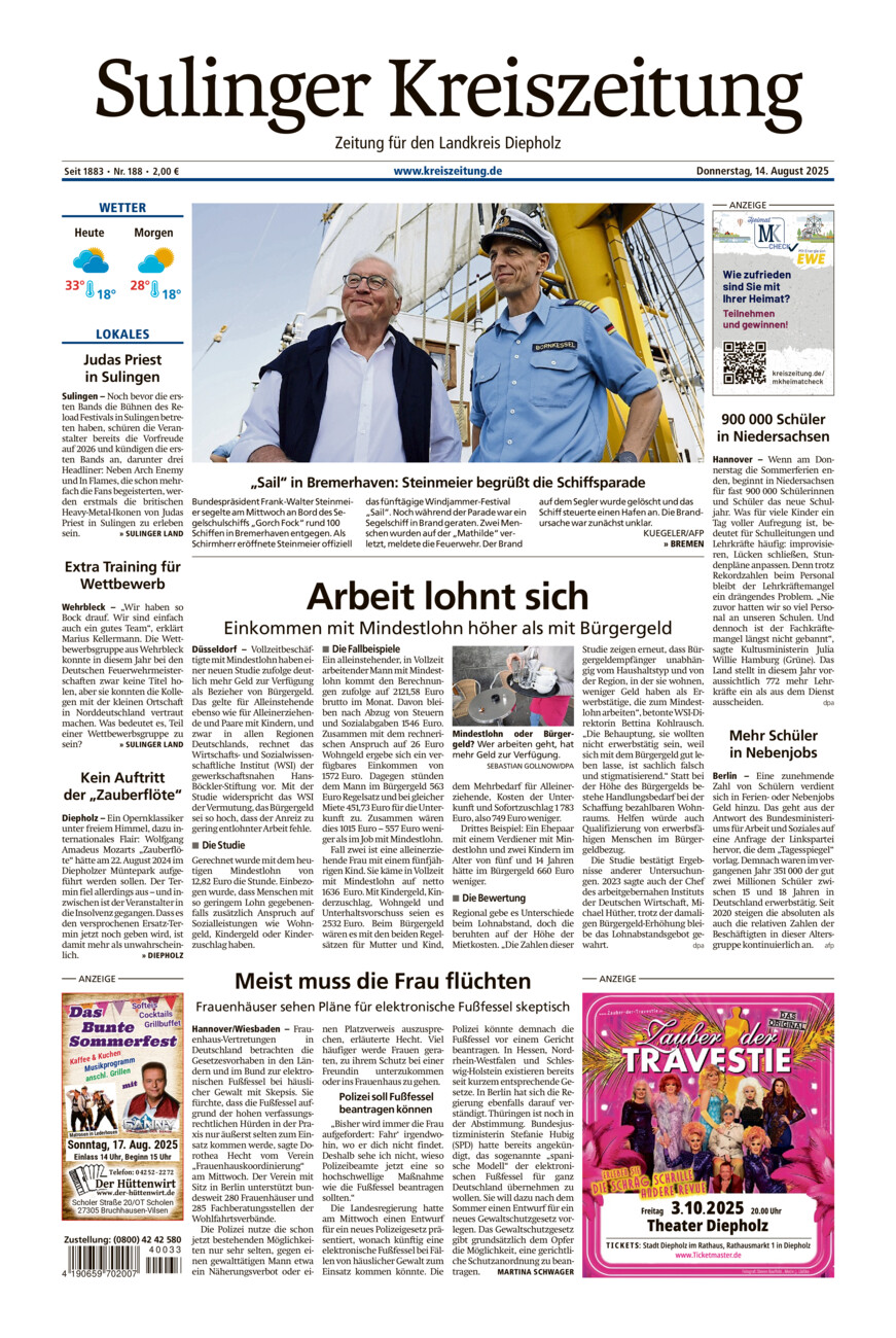 Sulinger Kreiszeitung vom Donnerstag, 14.08.2025