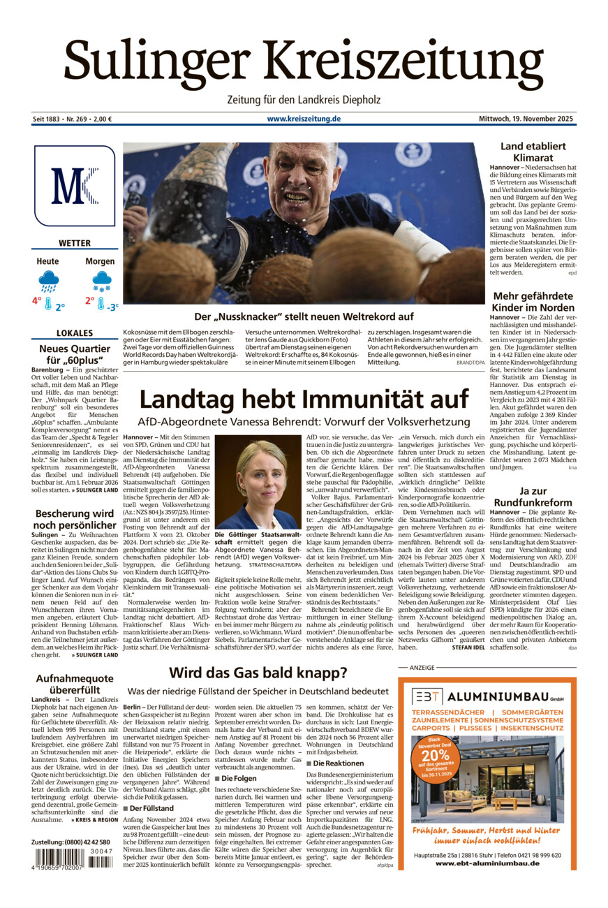 Sulinger Kreiszeitung vom Mittwoch, 19.11.2025