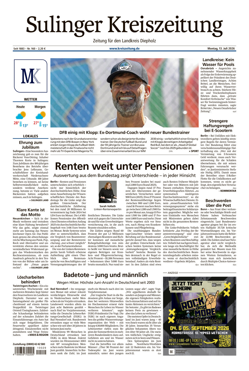 Sulinger Kreiszeitung vom Montag, 13.07.2026