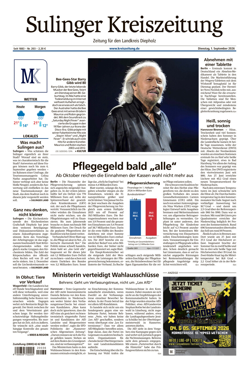 Sulinger Kreiszeitung vom Dienstag, 01.09.2026