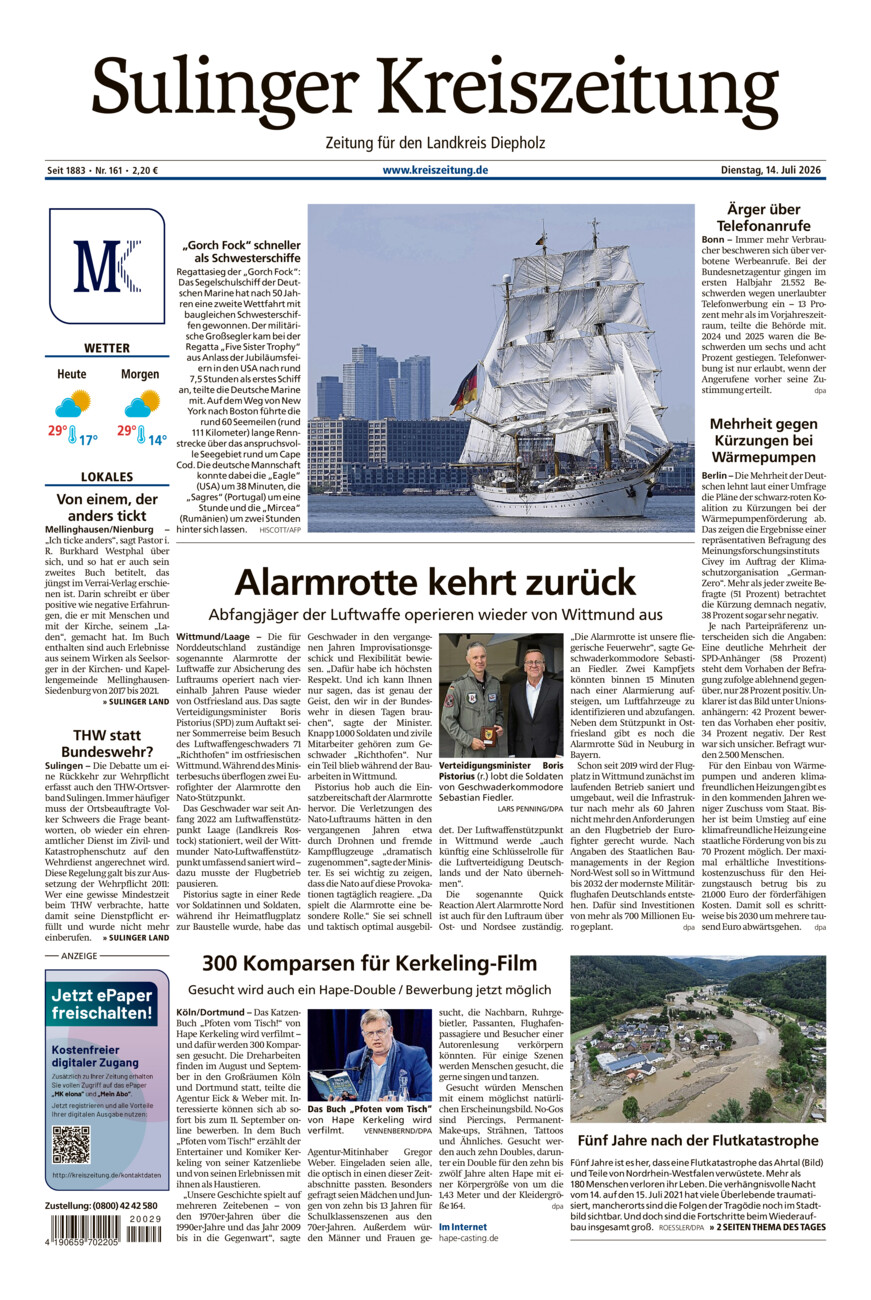 Sulinger Kreiszeitung vom Dienstag, 14.07.2026