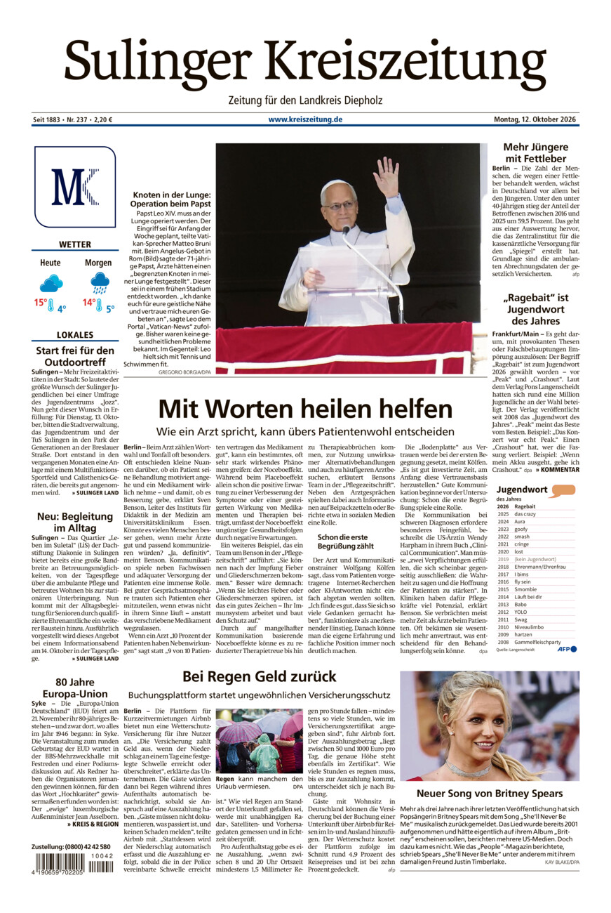Sulinger Kreiszeitung vom Montag, 12.10.2026