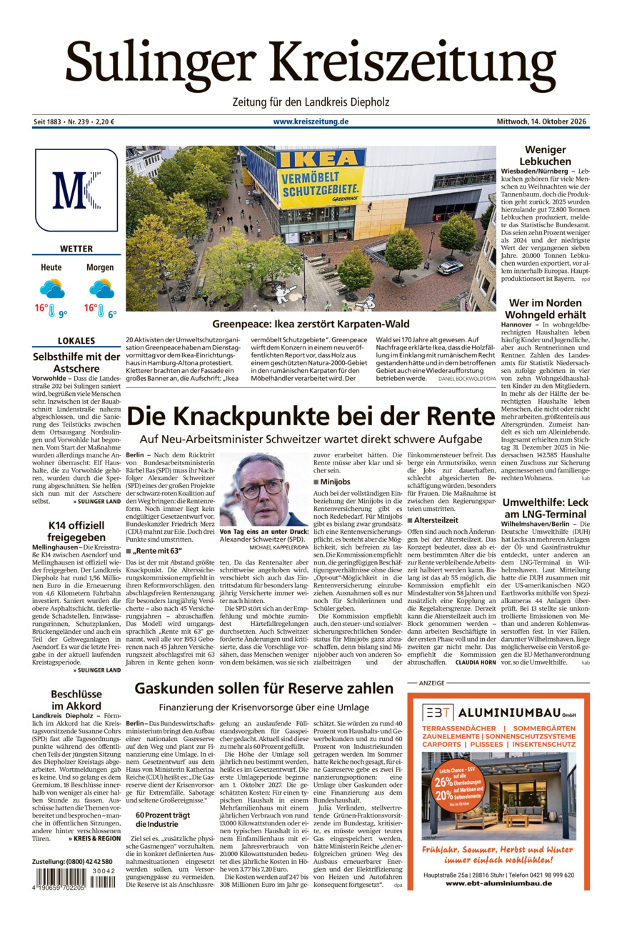 Sulinger Kreiszeitung vom Mittwoch, 14.10.2026