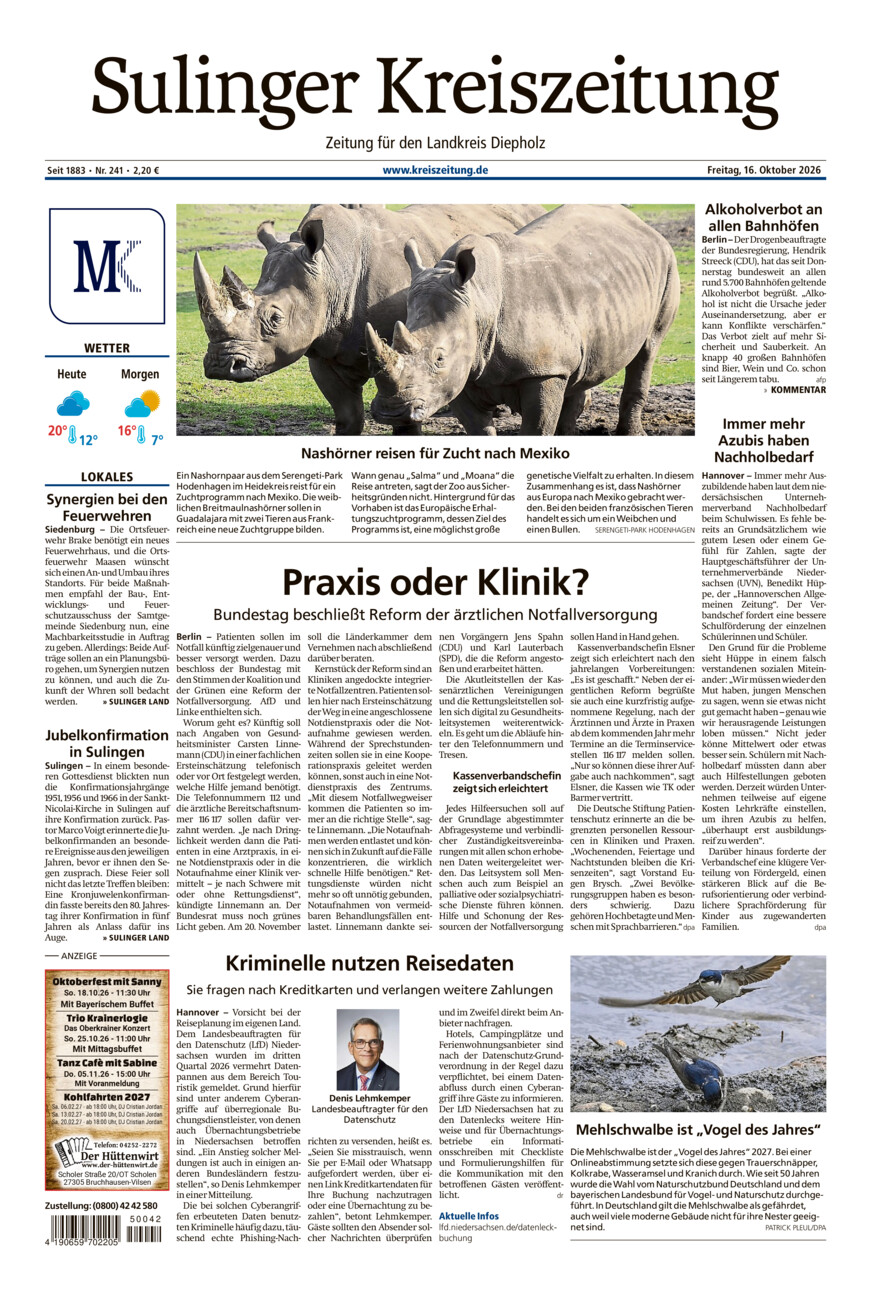 Sulinger Kreiszeitung vom Freitag, 16.10.2026