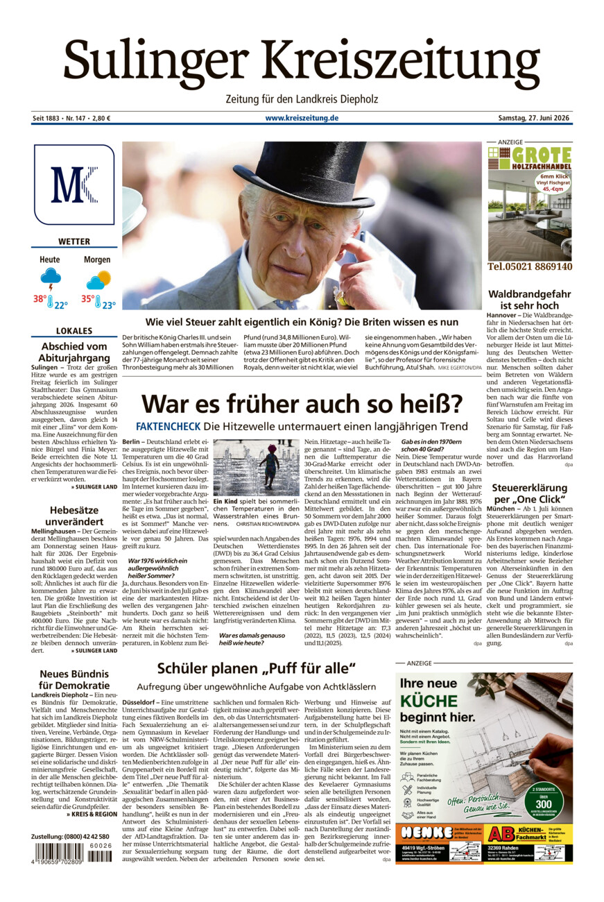 Sulinger Kreiszeitung vom Samstag, 27.06.2026