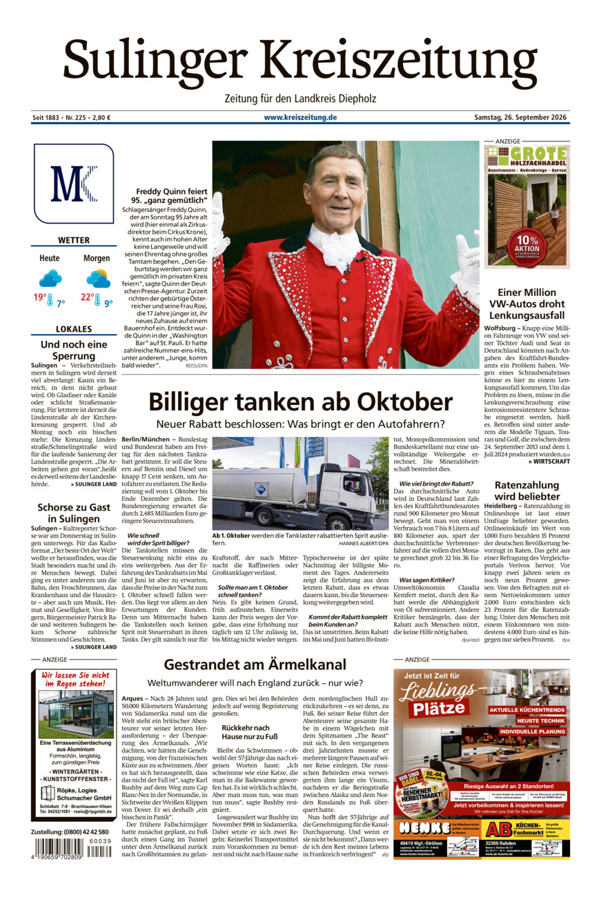 Sulinger Kreiszeitung vom Samstag, 26.09.2026