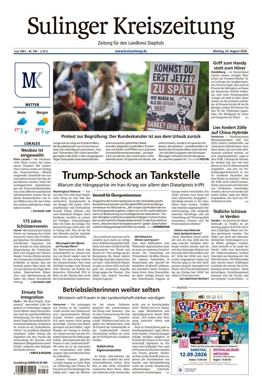Sulinger Kreiszeitung vom Montag, 24.08.2026