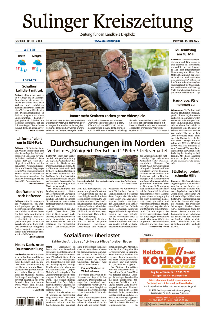 Sulinger Kreiszeitung vom Mittwoch, 14.05.2025