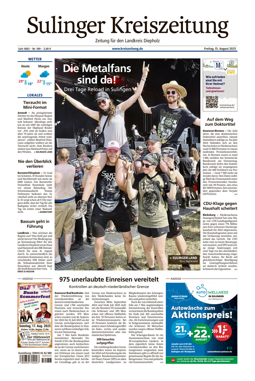 Sulinger Kreiszeitung vom Freitag, 15.08.2025