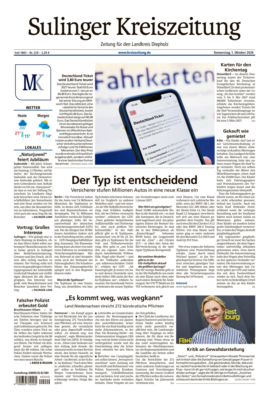 Sulinger Kreiszeitung vom Donnerstag, 01.10.2026