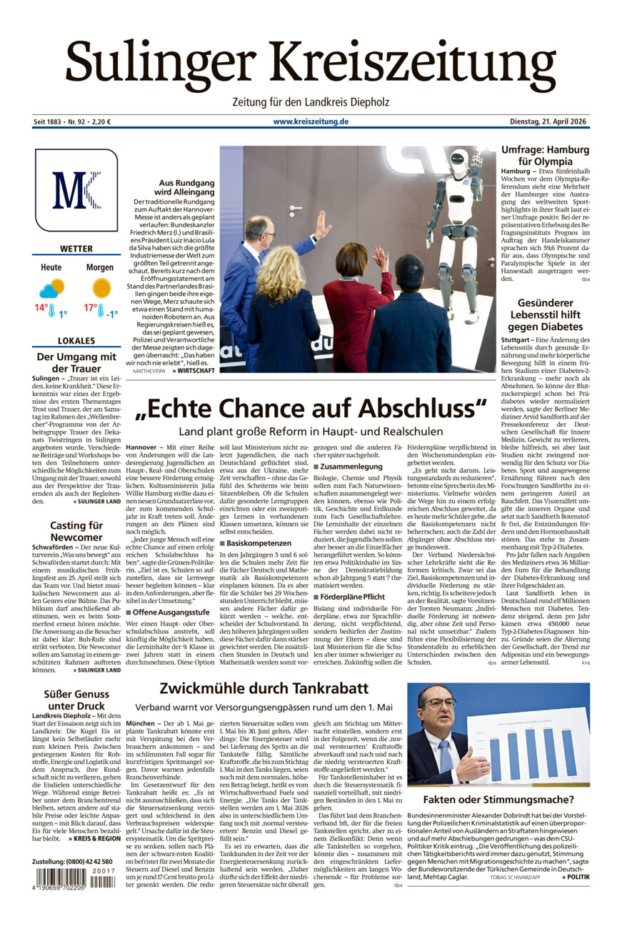 Sulinger Kreiszeitung vom Dienstag, 21.04.2026