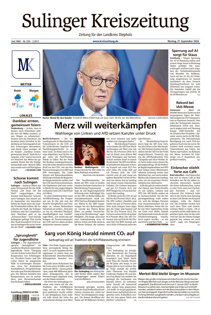 Sulinger Kreiszeitung vom Montag, 21.09.2026