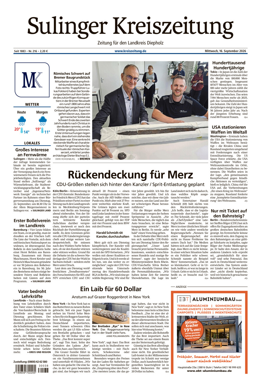 Sulinger Kreiszeitung vom Mittwoch, 16.09.2026