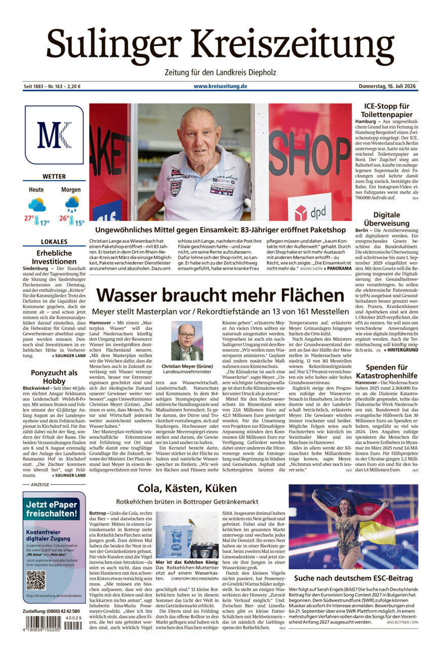 Sulinger Kreiszeitung vom Donnerstag, 16.07.2026
