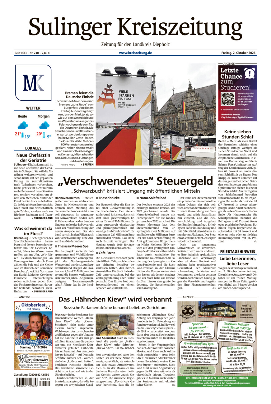 Sulinger Kreiszeitung vom Freitag, 02.10.2026