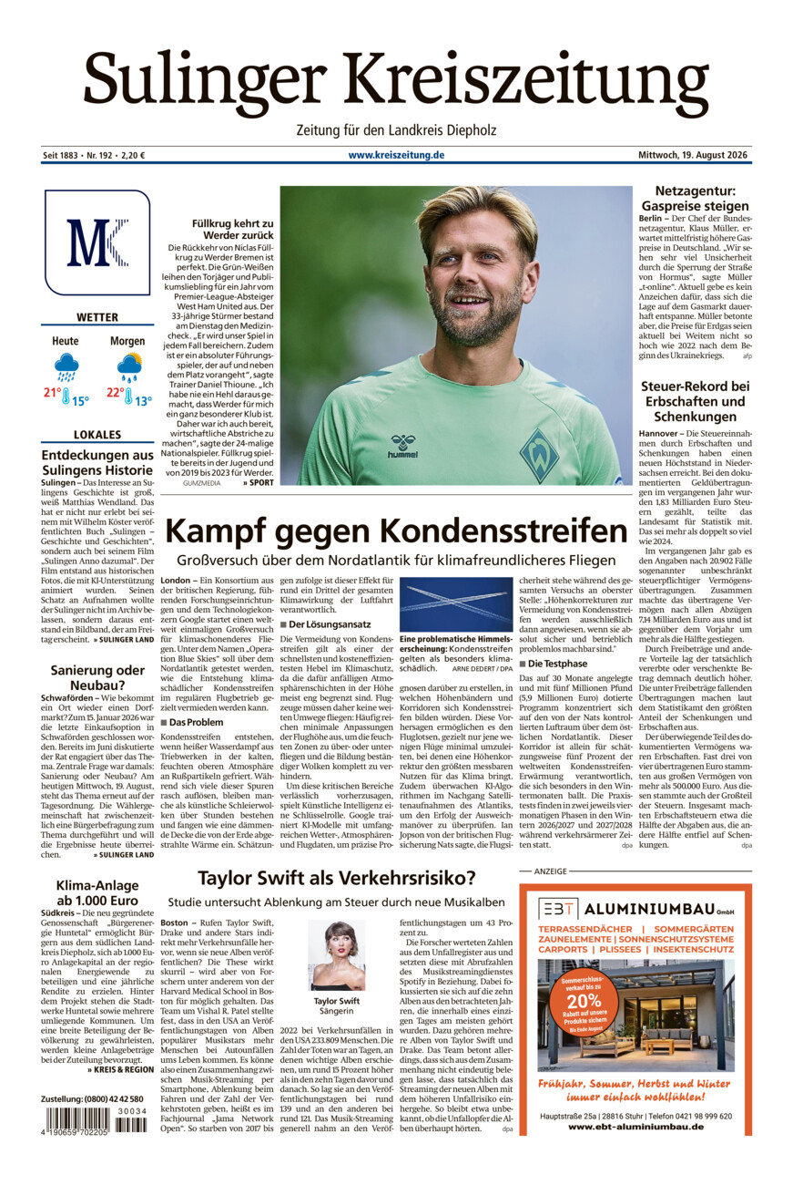 Sulinger Kreiszeitung vom Mittwoch, 19.08.2026
