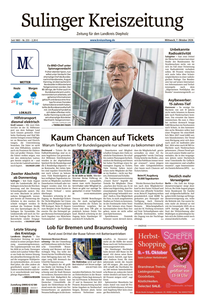 Sulinger Kreiszeitung vom Mittwoch, 07.10.2026