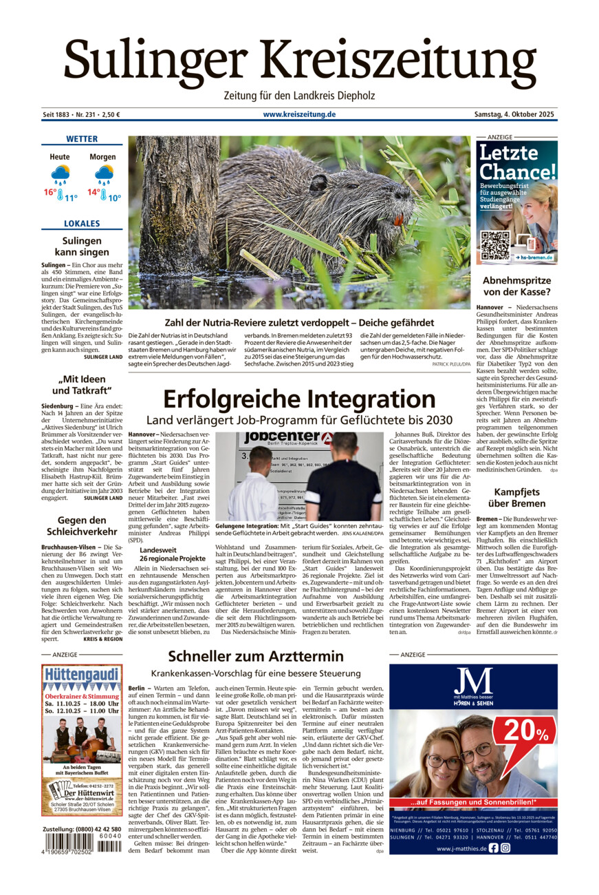 Sulinger Kreiszeitung vom Samstag, 04.10.2025