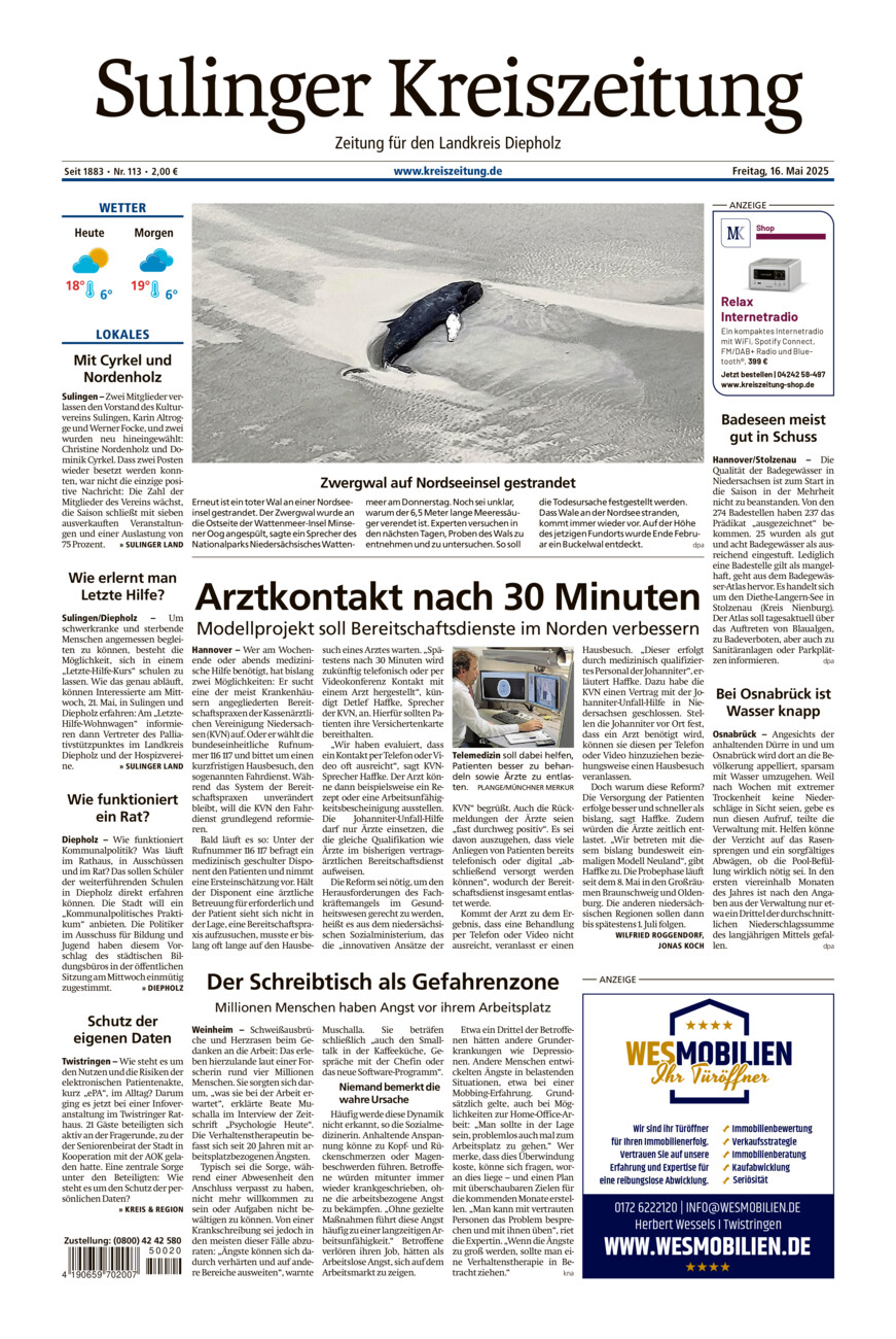 Sulinger Kreiszeitung vom Freitag, 16.05.2025