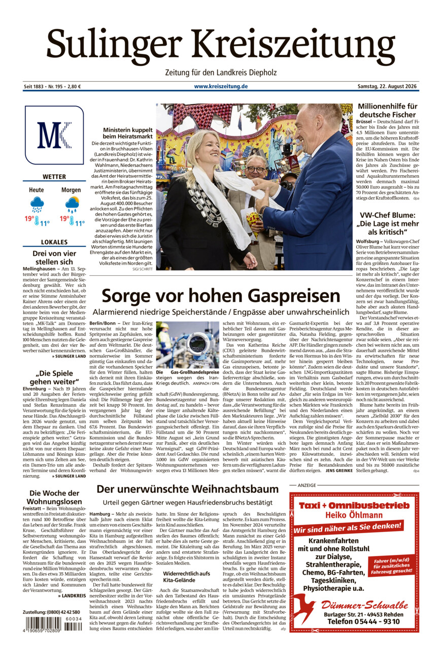 Sulinger Kreiszeitung vom Samstag, 22.08.2026