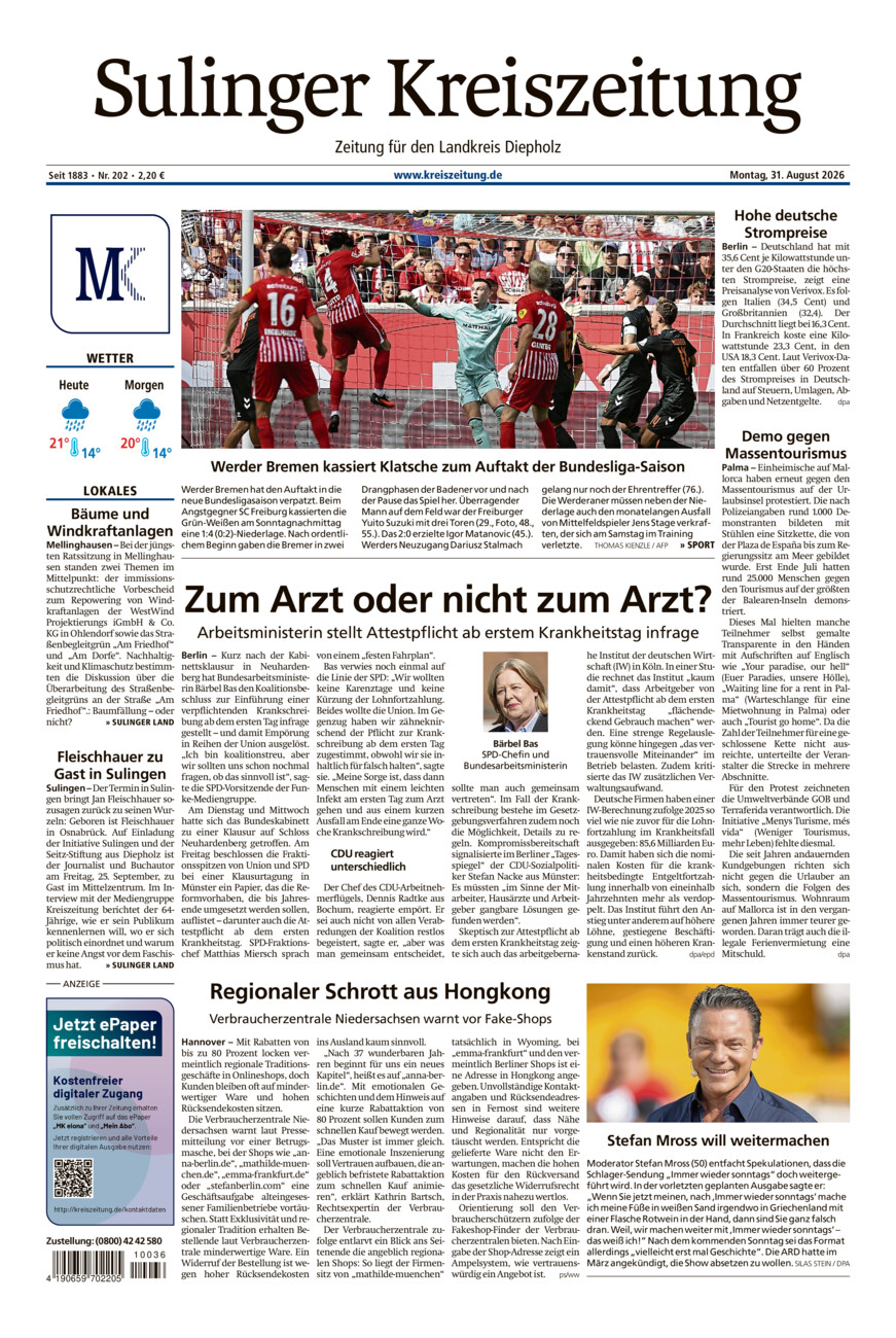 Sulinger Kreiszeitung vom Montag, 31.08.2026