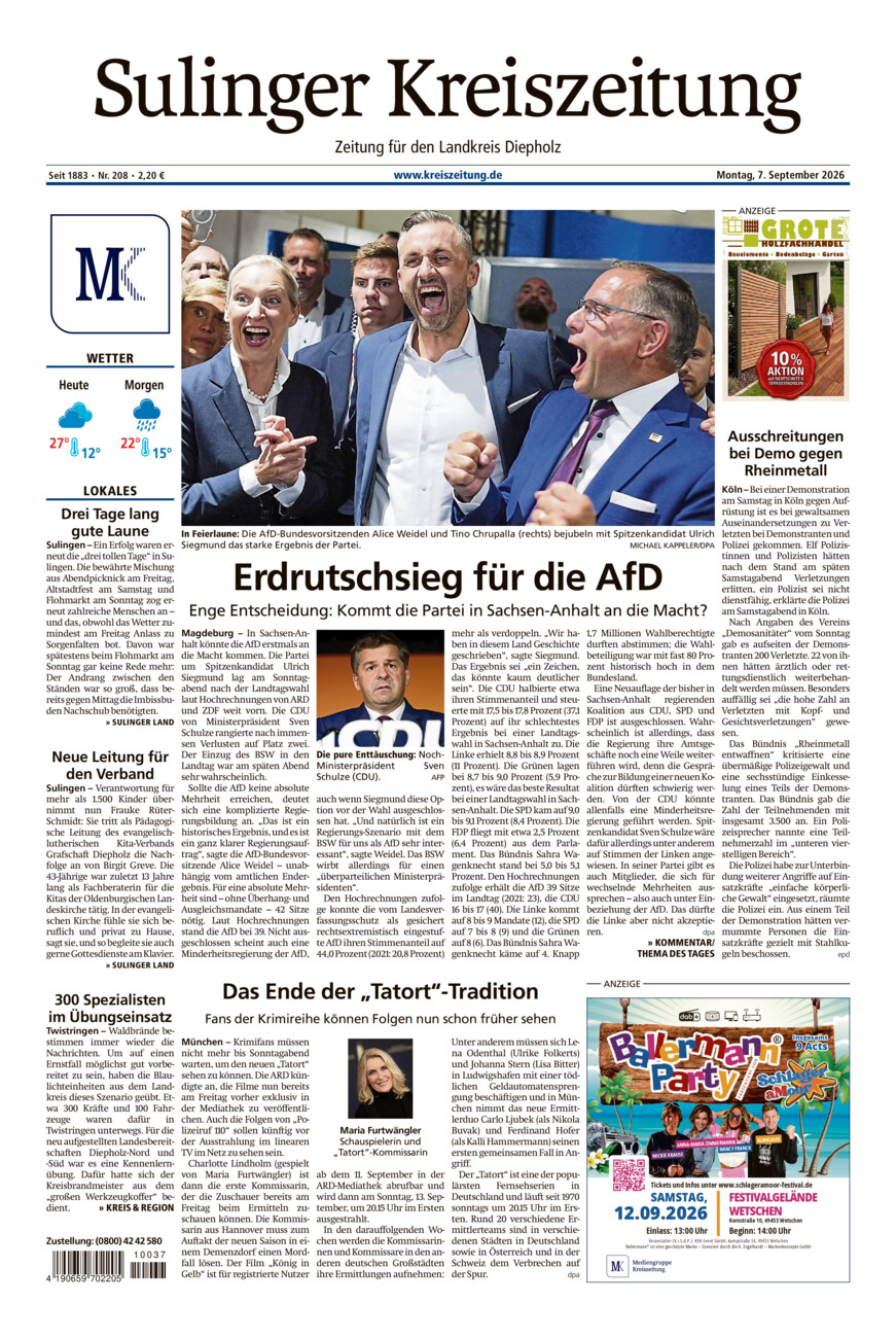 Sulinger Kreiszeitung vom Montag, 07.09.2026