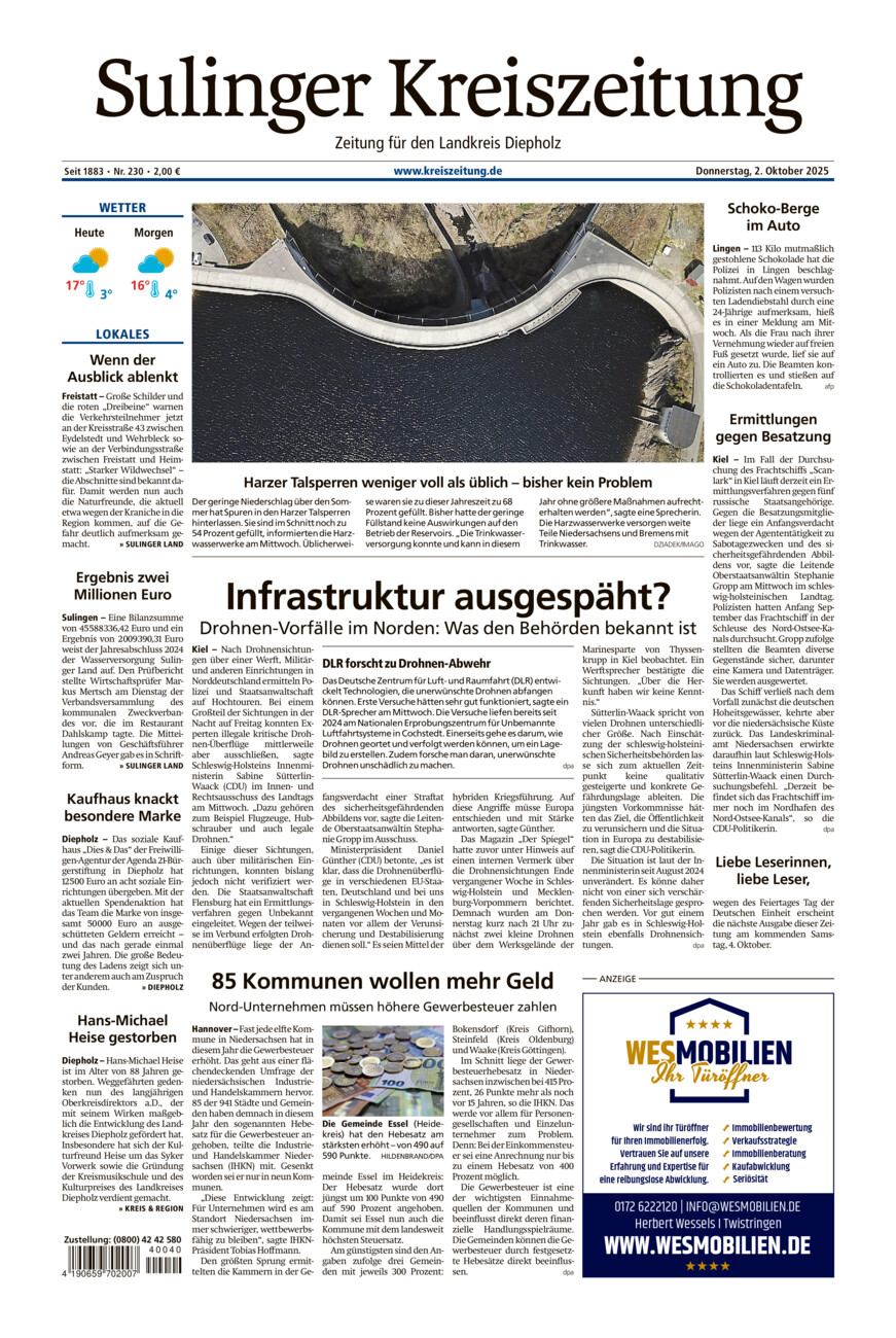 Sulinger Kreiszeitung vom Donnerstag, 02.10.2025