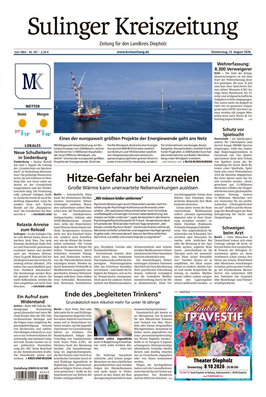 Sulinger Kreiszeitung vom Donnerstag, 13.08.2026