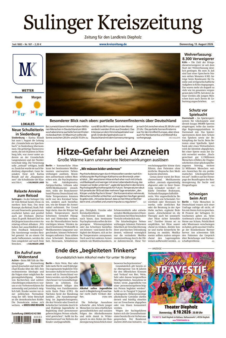 Sulinger Kreiszeitung vom Donnerstag, 13.08.2026