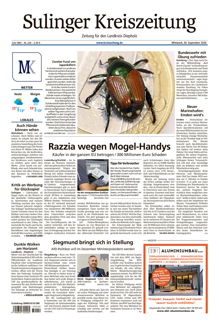 Sulinger Kreiszeitung vom Mittwoch, 30.09.2026