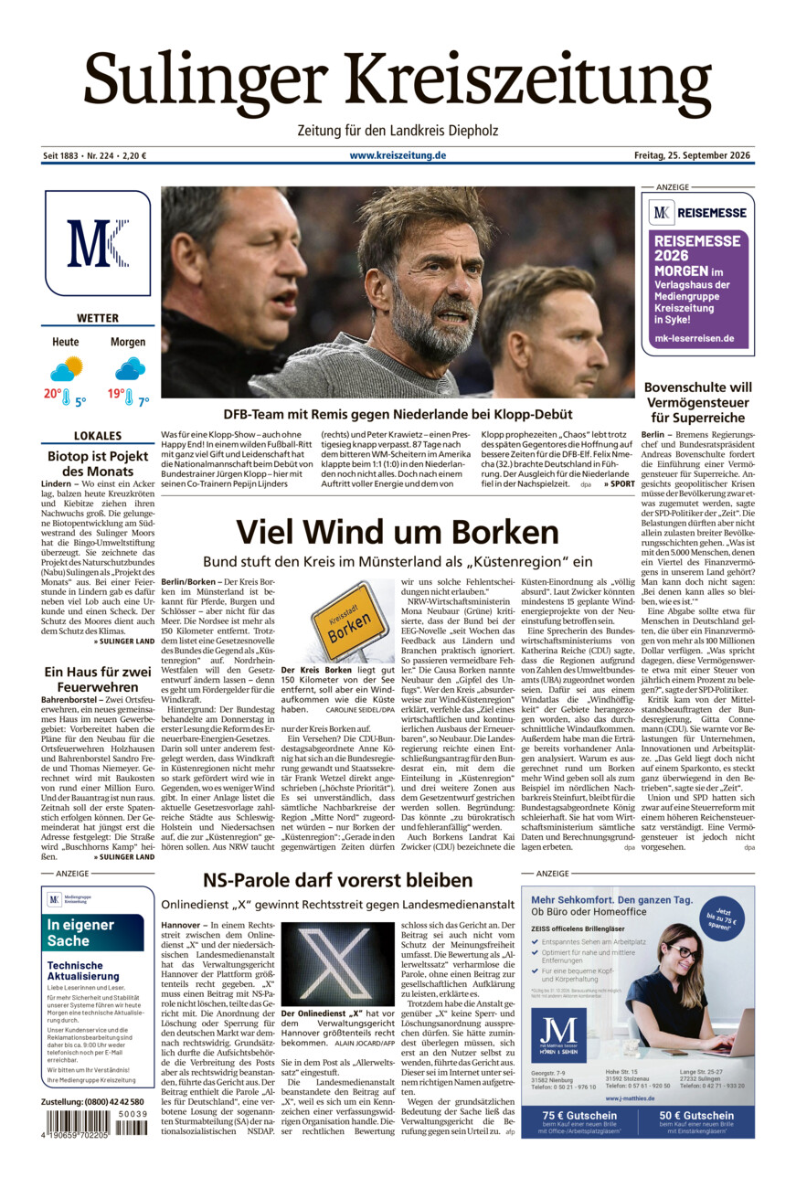 Sulinger Kreiszeitung vom Freitag, 25.09.2026