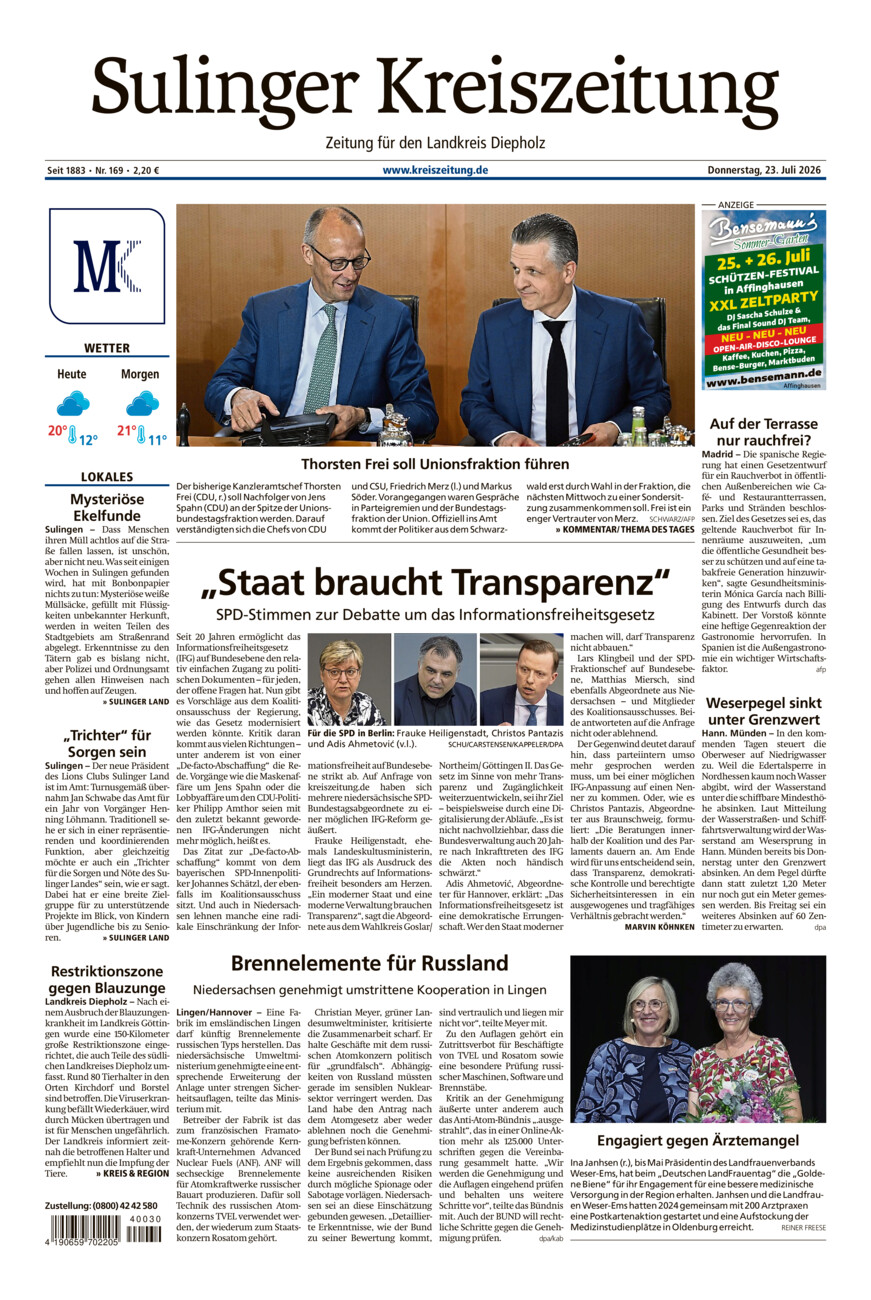 Sulinger Kreiszeitung vom Donnerstag, 23.07.2026