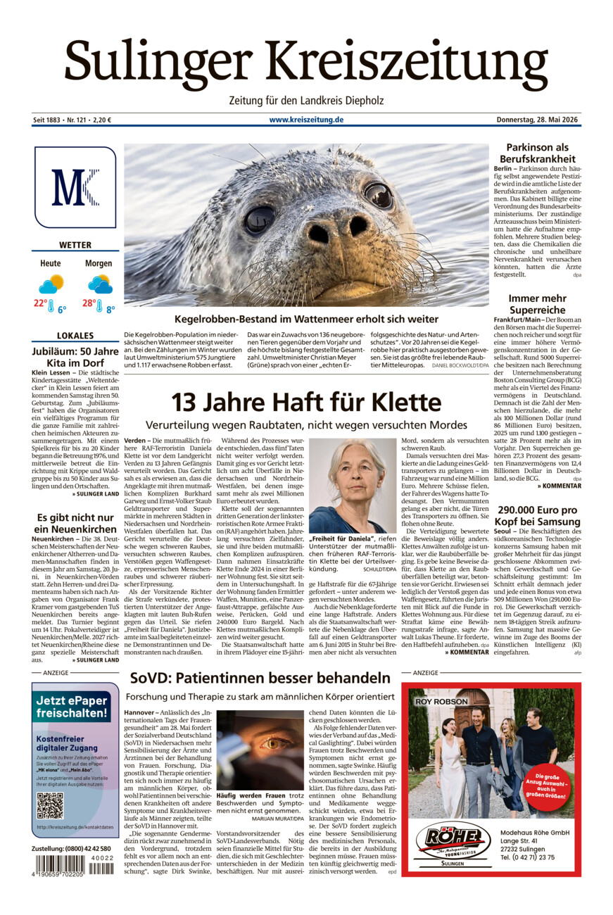 Sulinger Kreiszeitung vom Donnerstag, 28.05.2026