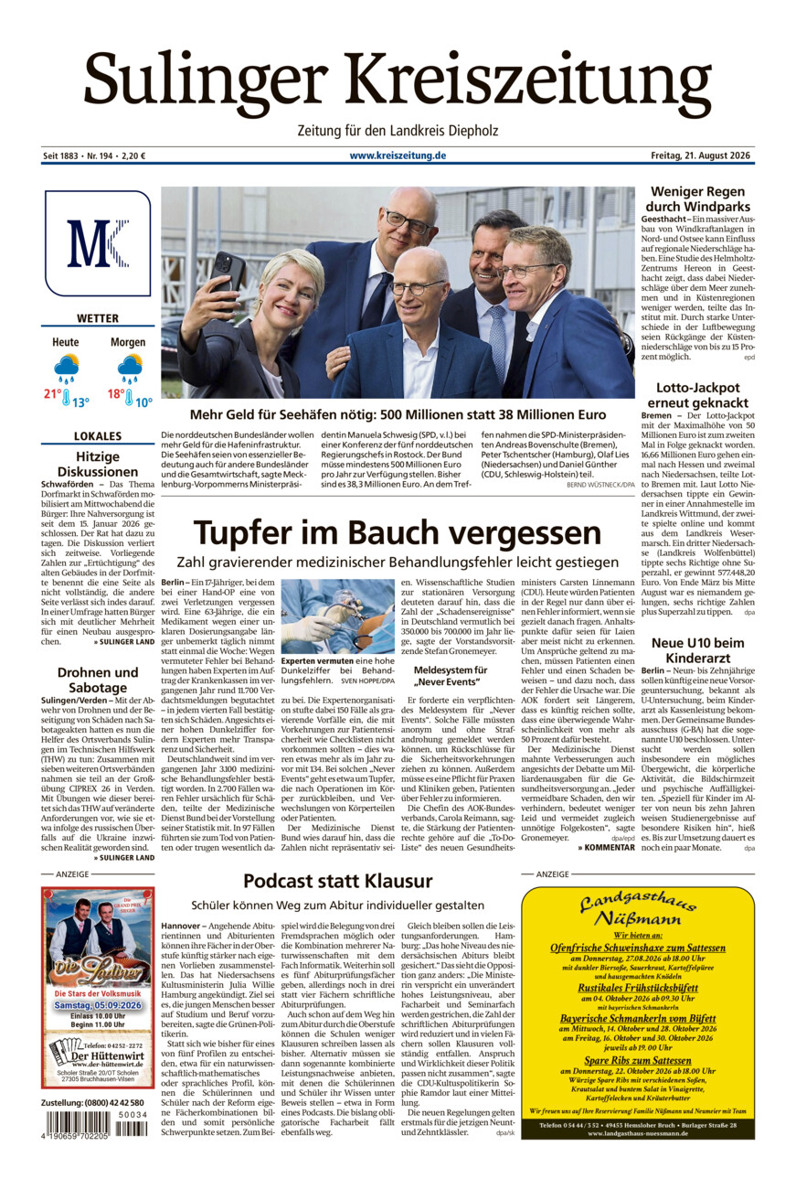 Sulinger Kreiszeitung vom Freitag, 21.08.2026
