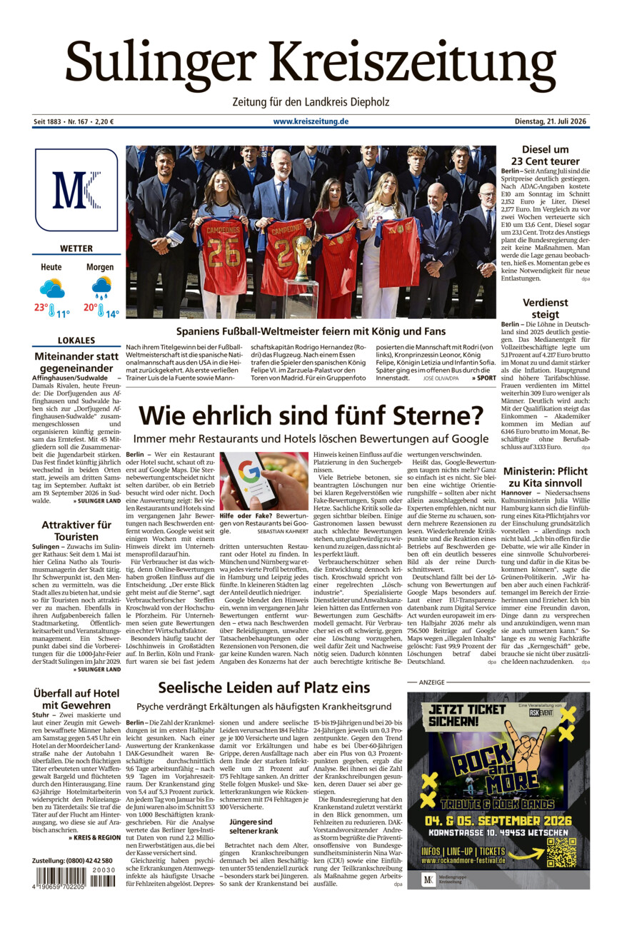 Sulinger Kreiszeitung vom Dienstag, 21.07.2026