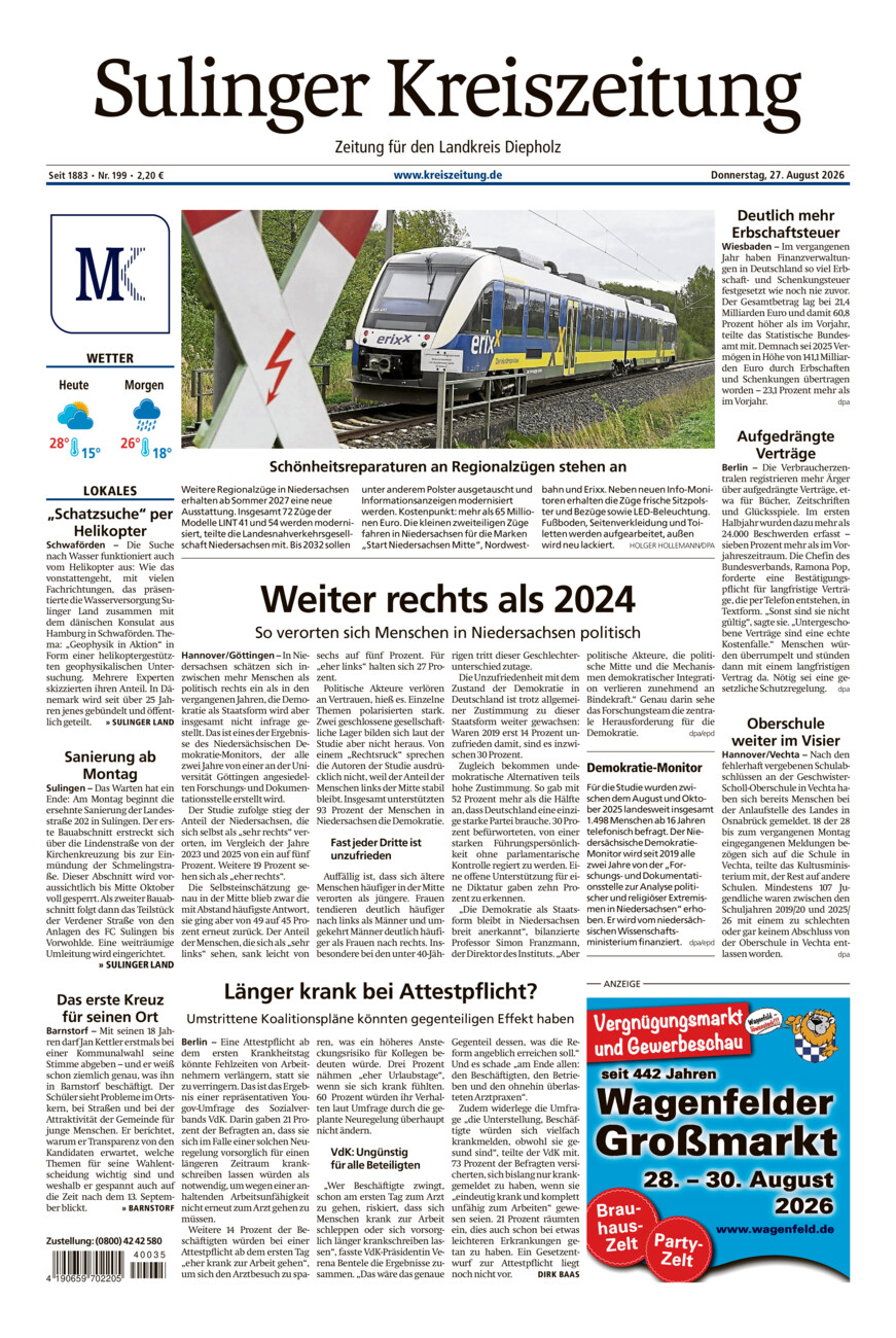 Sulinger Kreiszeitung vom Donnerstag, 27.08.2026