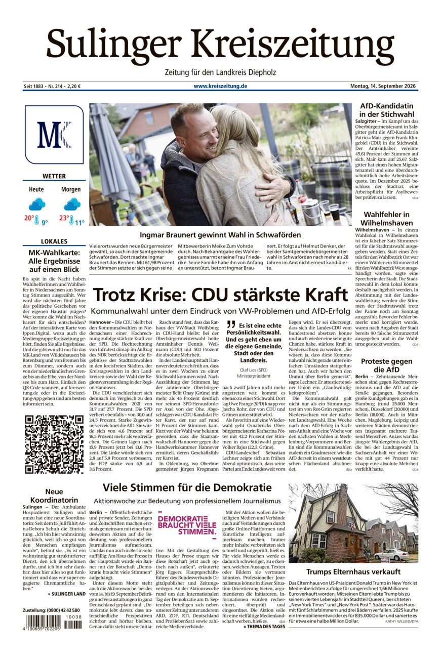 Sulinger Kreiszeitung vom Montag, 14.09.2026